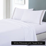 Bed Sheets: soft microfibre embroidered stripe sheet set king white sheet taupe stripe