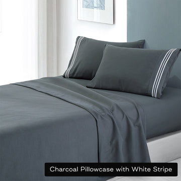 Bed Sheets: soft microfibre embroidered stripe sheet set king single charcoal pillowcase white stripe