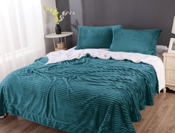 Blankets & Throws: stripe flannel sherpa blanket king  teal
