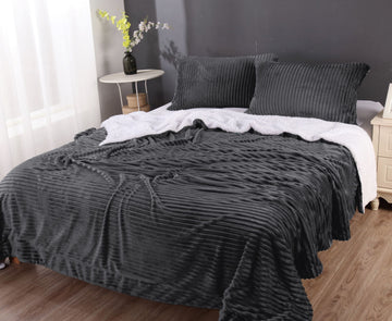 Blankets & Throws: stripe flannel sherpa blanket queen charcoal