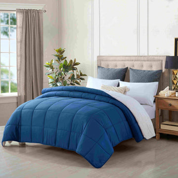 Duvet Covers: king size reversible plush soft sherpa comforter quilt navy blue