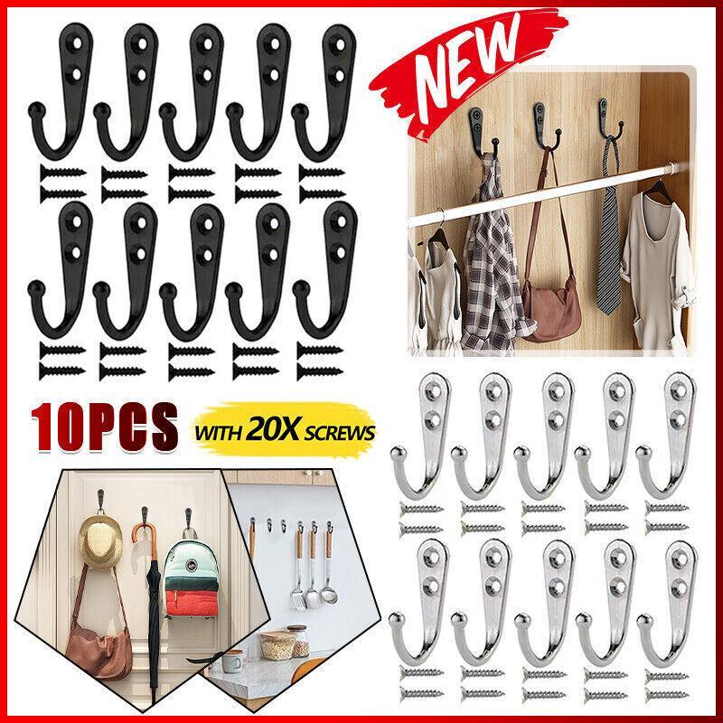Drying Racks & Hangers: 10Pcs Wall Hooks Heavy Duty Coat Hat Robe Hanger Double Hole Zinc Alloy Vintage - Silver