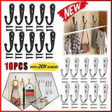 10Pcs Wall Hooks Heavy Duty Coat Hat Robe Hanger Double Hole Zinc Alloy Vintage - Silver