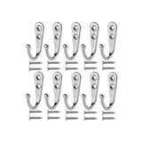 10Pcs Wall Hooks Heavy Duty Coat Hat Robe Hanger Double Hole Zinc Alloy Vintage - Silver