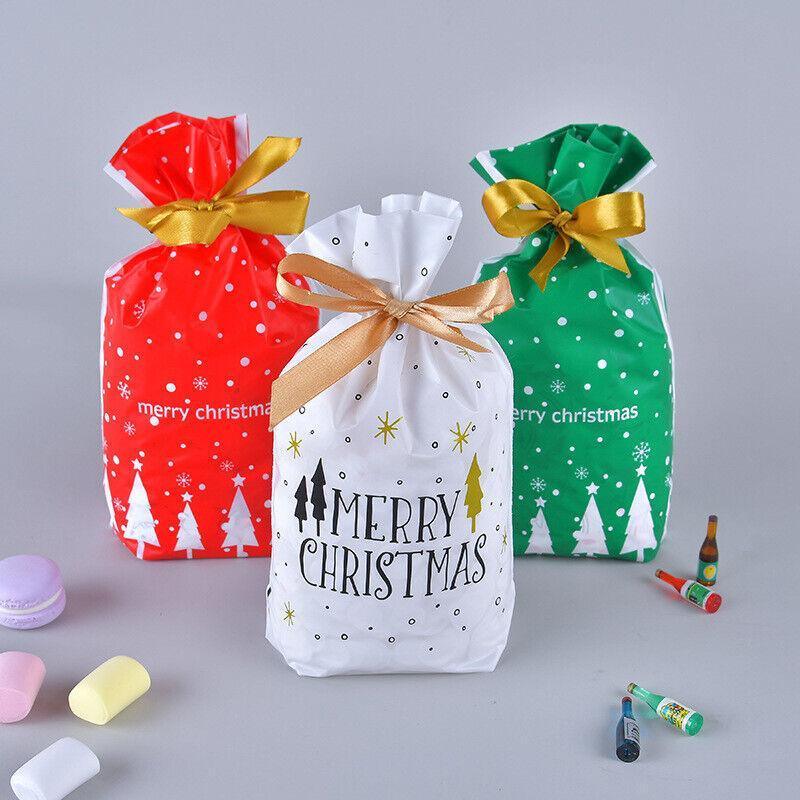 Gift Bags: 10pcs Christmas Candy Bags Gift Treat Drawstring Pouches Biscuit Cookie Packaging - 10Pcs Bag-Merry Christmas