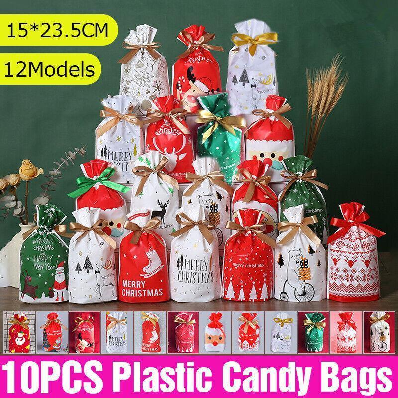 Gift Bags: 10pcs Christmas Candy Bags Gift Treat Drawstring Pouches Biscuit Cookie Packaging - 10Pcs Bag-White House