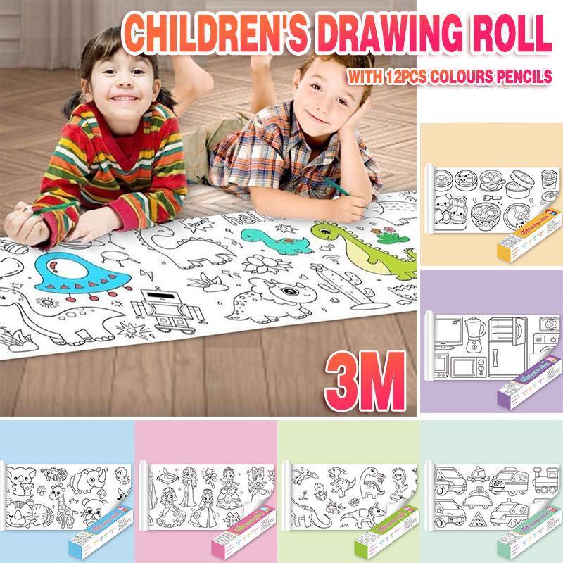 Arts & Crafts: 3M DIY Colouring Paper Roll with 12 Colour Pencils Cartoon Doodle Set - Transportation (With 12PCS Colored Pencils