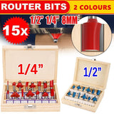 15X 1/2 1/4 inch Router Bits Set Woodworking Tool Cutter Shank Tungsten Carbide - Red 1/4