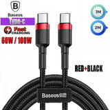 Powerboards & Adapters: Red Black Baseus 60W 100W USB C to Type C Charger Cable PD Fast Charge For Samsung - 2m 100w