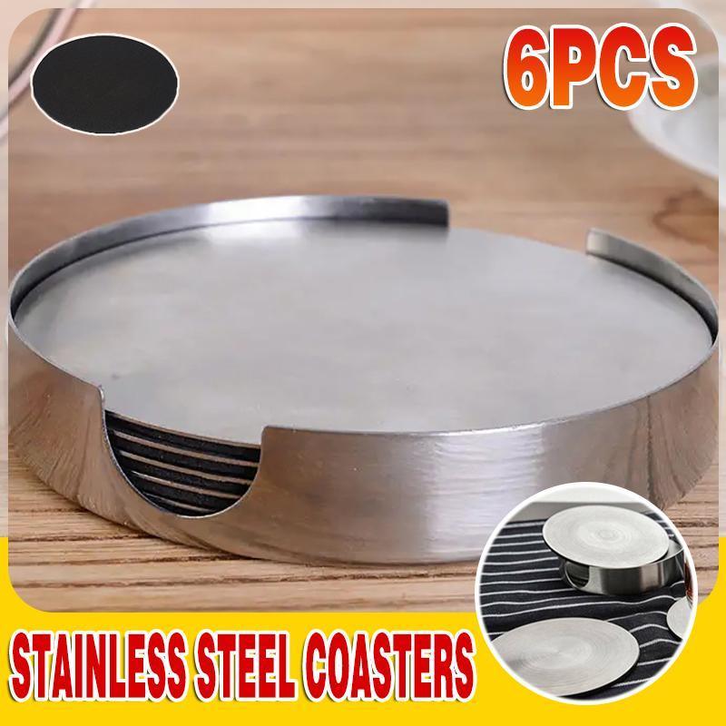 Coasters: Stainless Steel Drink Coaster Set 6PCS Heat Resistant Cup Pads With Holder