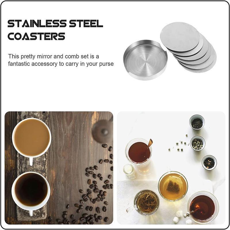 Coasters: Stainless Steel Drink Coaster Set 6PCS Heat Resistant Cup Pads With Holder
