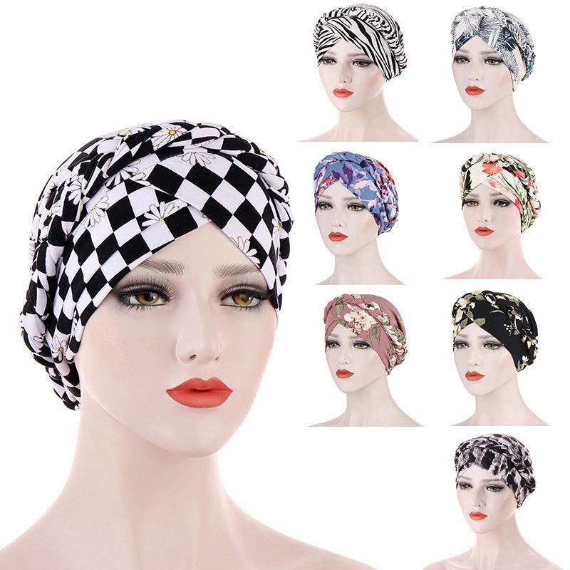 Women's Accessories: Women Floral Turban Head Wrap Cap Comfortable Chemo Headscarf Headwear - Black and white grid