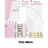 A6 Pu Leather Binder Pockets Cash Envelope Planner Notebooks - Pink+White