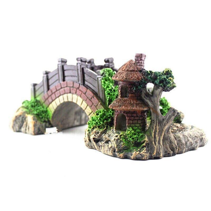 Aquarium Decor: Aquarium Fish Tank Ornament Bridge Resin Rock Pavilion Tree Landscape Decoration - L:19*7*8.5CM