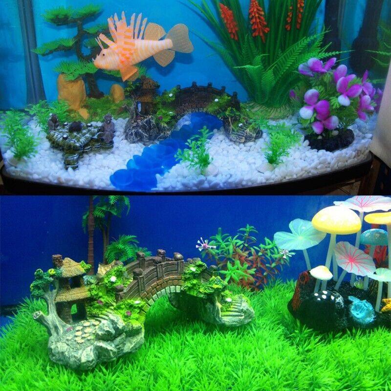 Aquarium Decor: Aquarium Fish Tank Ornament Bridge Resin Rock Pavilion Tree Landscape Decoration - L:19*7*8.5CM