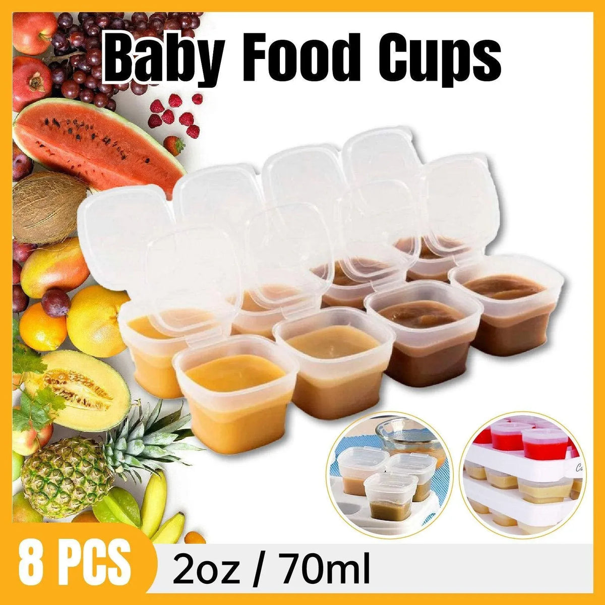 Baby Food Storage Cups with Lids and Tray, 70ml, Set of 8