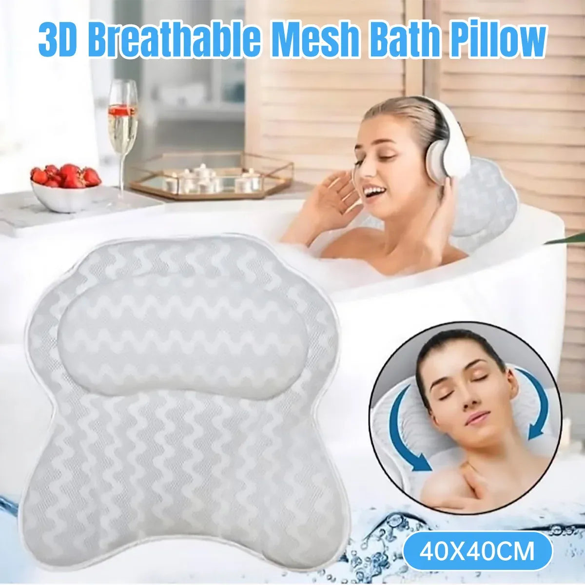 3D Breathable Mesh Bathtub Pillow Non Slip For Bathroom Spa Neck Back Support