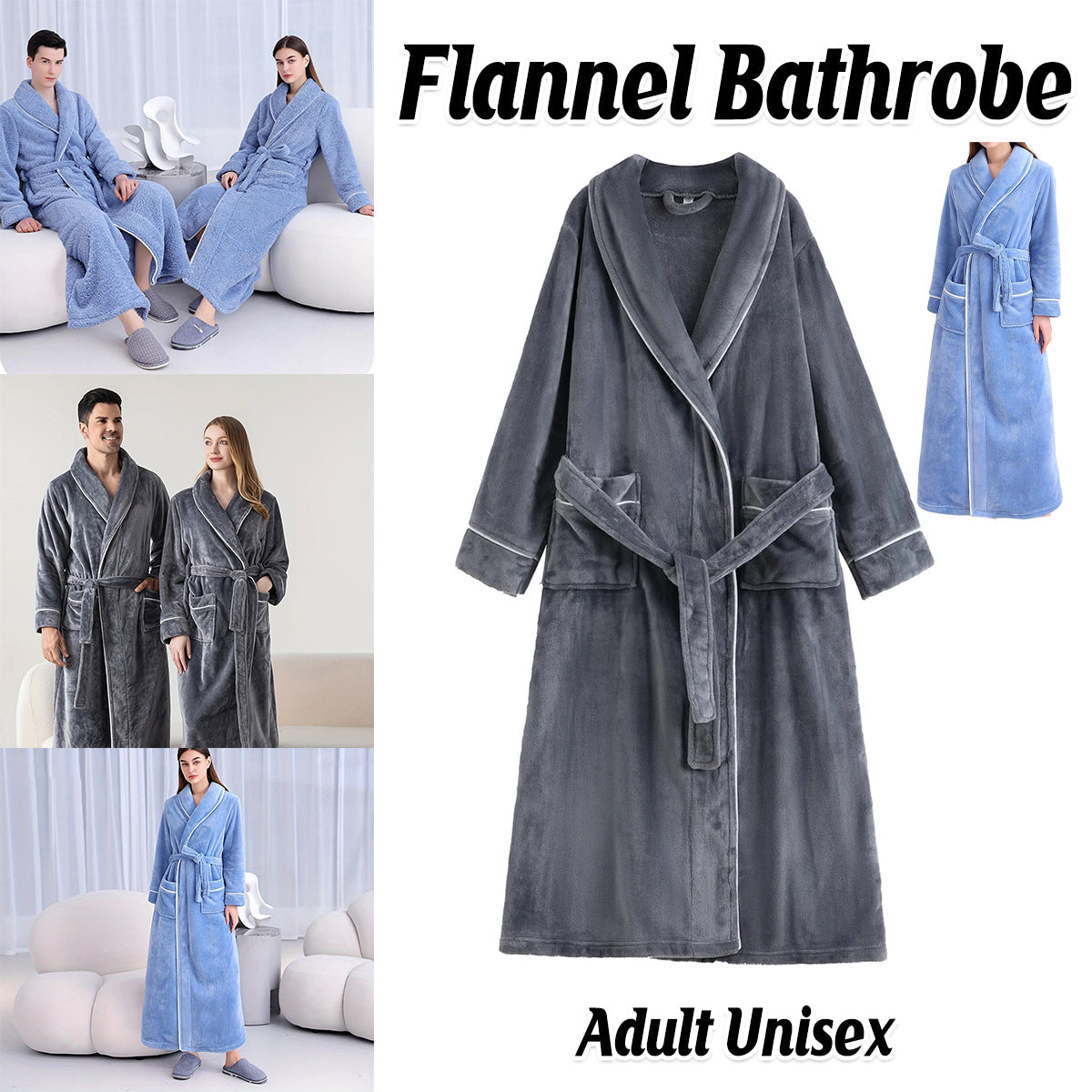 Bath Towels & Robes: Flannel Bathrobe Set Autumn Winter Coral Fleece Nightgown for Men and Women Warm - Grey