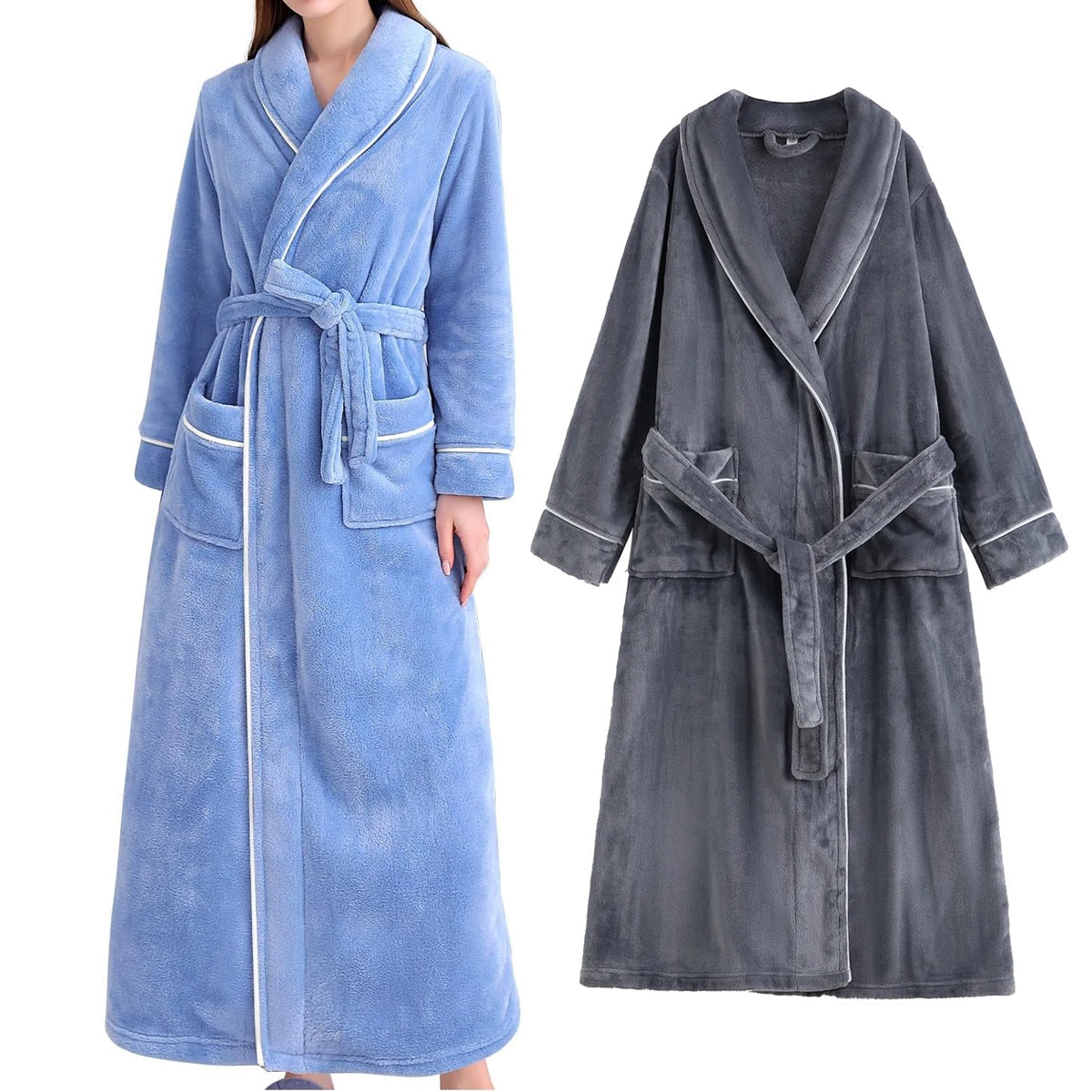 Bath Towels & Robes: Flannel Bathrobe Set Autumn Winter Coral Fleece Nightgown for Men and Women Warm - Grey