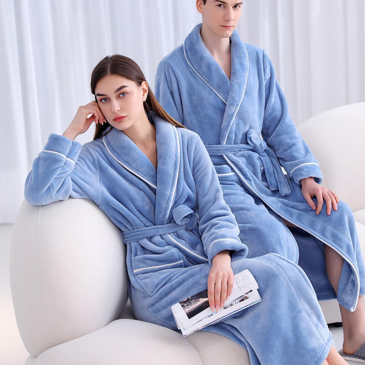Bath Towels & Robes: Flannel Bathrobe Set Autumn Winter Coral Fleece Nightgown for Men and Women Warm - Grey
