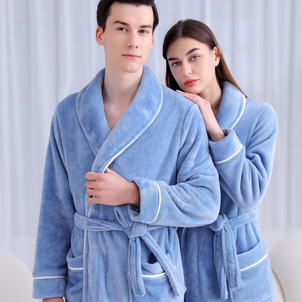 Bath Towels & Robes: Flannel Bathrobe Set Autumn Winter Coral Fleece Nightgown for Men and Women Warm - Grey