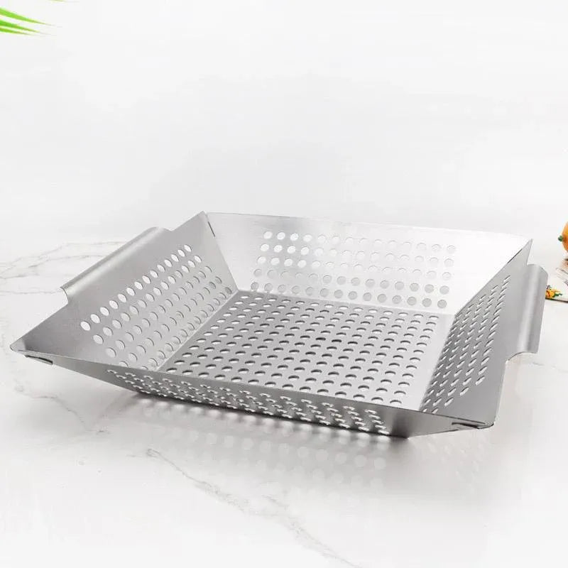 8 Inch Stainless Steel BBQ Grill Tray Perforated Pan Outdoor Barbecue Basket