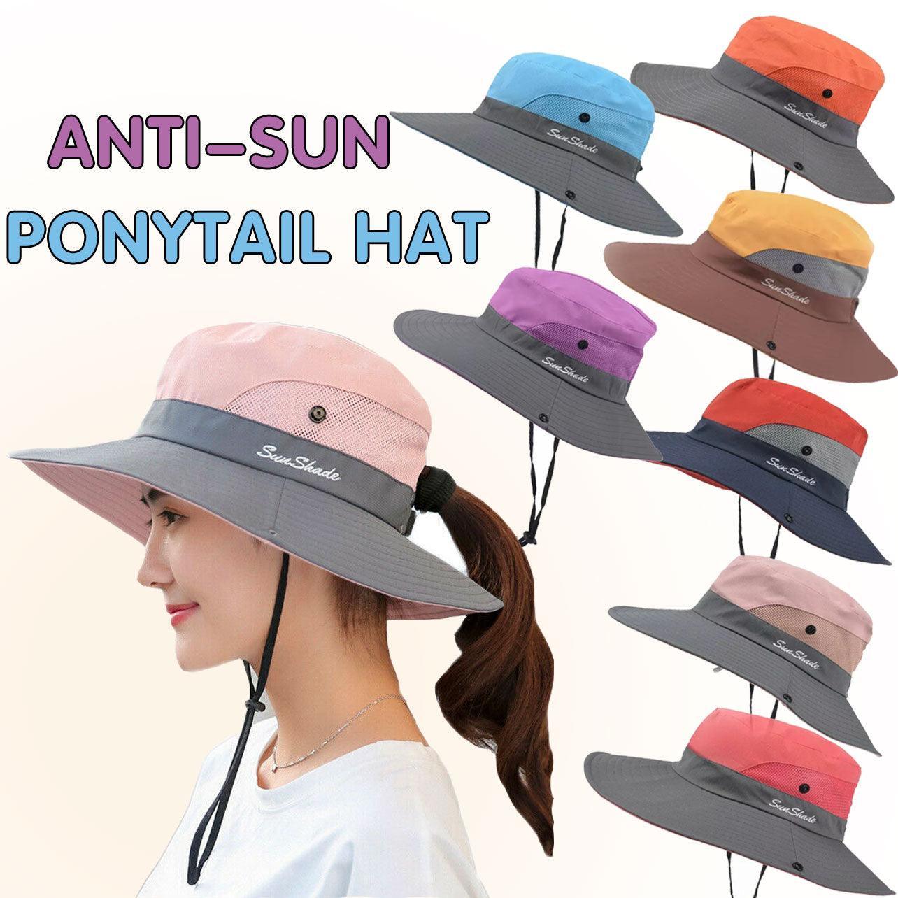Women's Sleepwear: Women Wide Brim Ponytail Hat Sun Protect Visor Summer Beach Cap Anti Uv Floppy - Blue