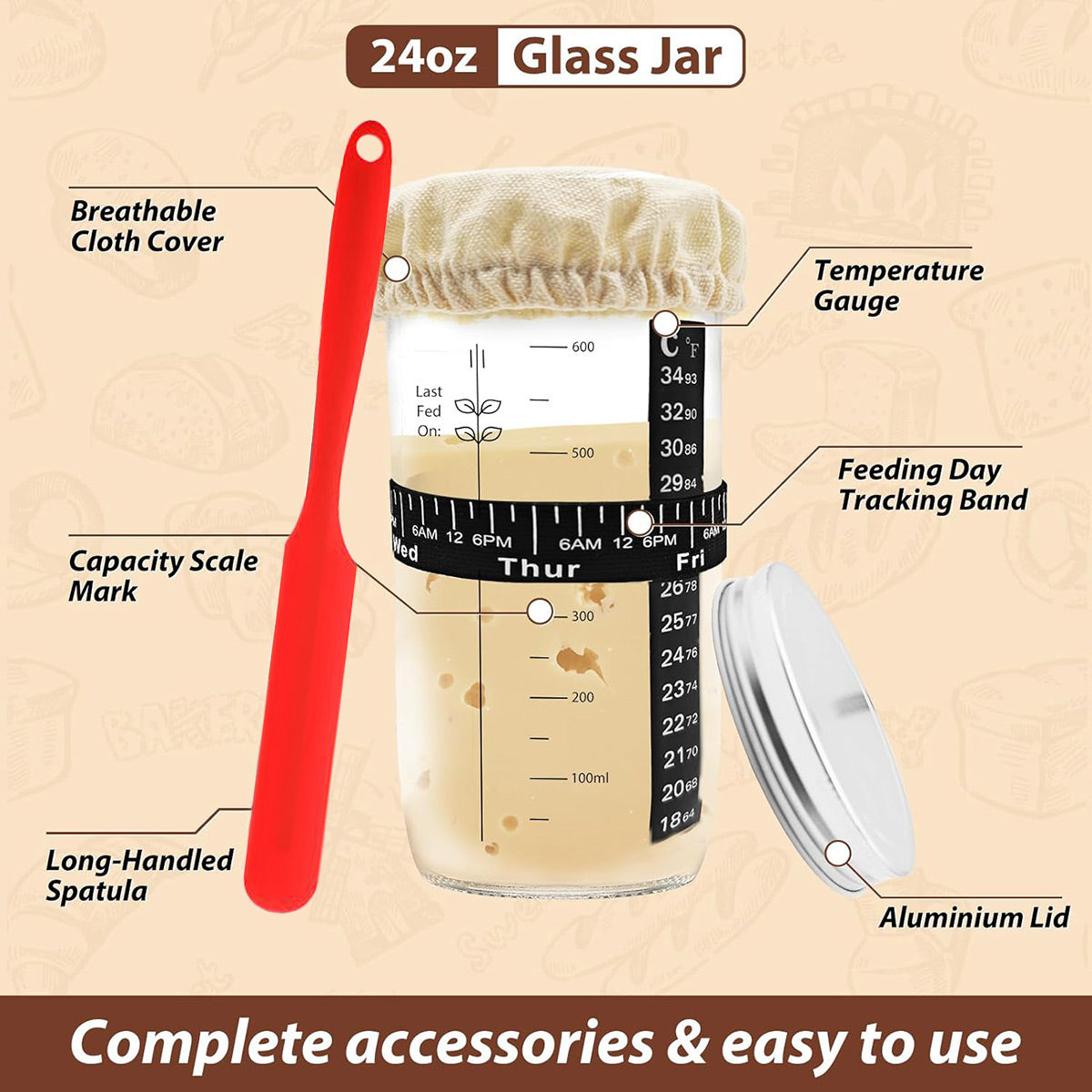 24oz Bread Fermentation Glass Jar Baking Supplies Airtight Container Dough