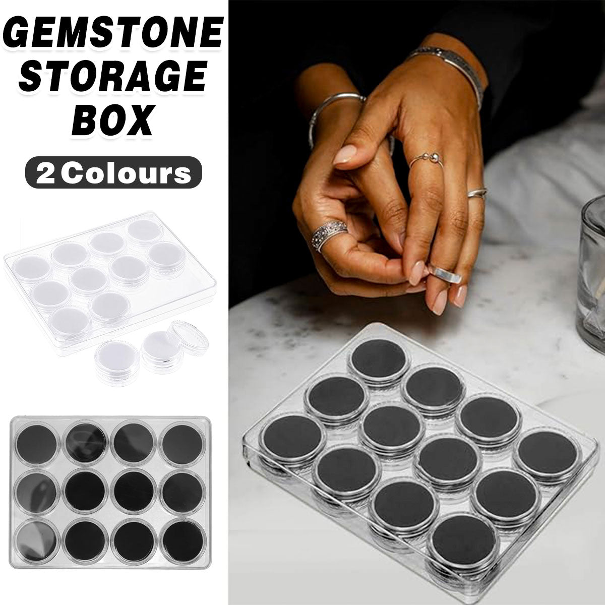 Storage Boxes: Transparent Round Gemstone Display Box Organizer Case with Lid Storage Packaging - Black