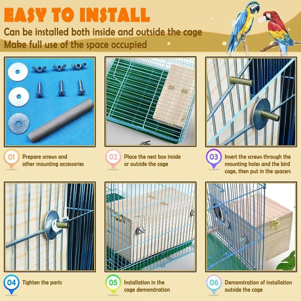1-Piece Bird Breeding Nest Box with Perch and Mounting Fittings