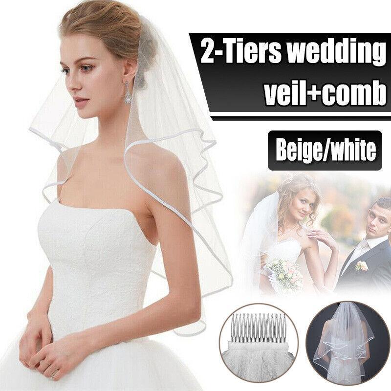 Other Wedding Decorations: Bridal 2 Layer Wedding Veil with Comb Satin Edge Short Tulle for Women White Ivory - White