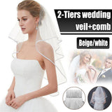 Other Wedding Decorations: Bridal 2 Layer Wedding Veil with Comb Satin Edge Short Tulle for Women White Ivory - White