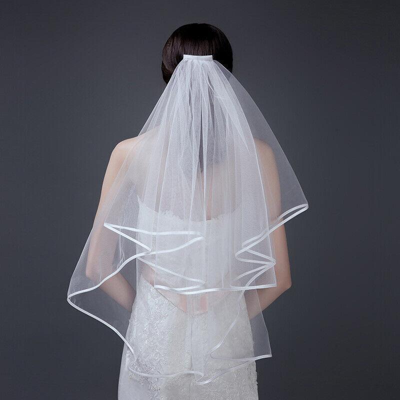 Other Wedding Decorations: Bridal 2 Layer Wedding Veil with Comb Satin Edge Short Tulle for Women White Ivory - White