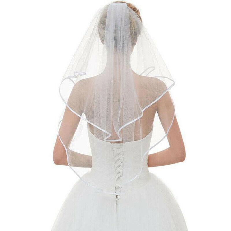 Other Wedding Decorations: Bridal 2 Layer Wedding Veil with Comb Satin Edge Short Tulle for Women White Ivory - White