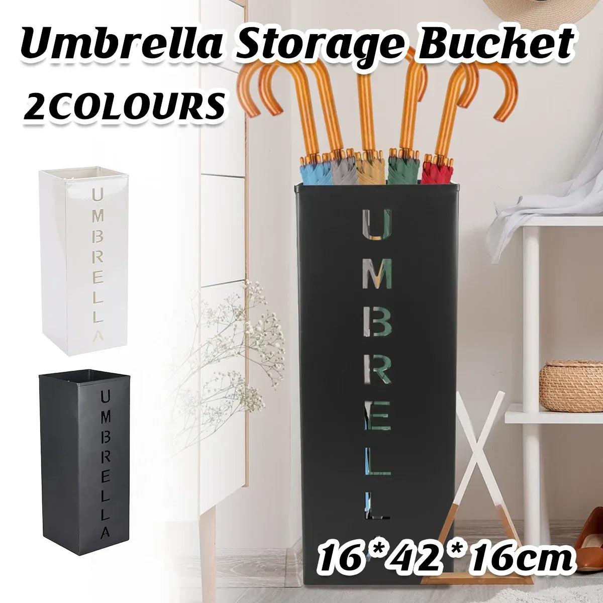 Umbrella Bucket Storage Cylinder Square Storing Umbrellas Home Office Organizer - Black