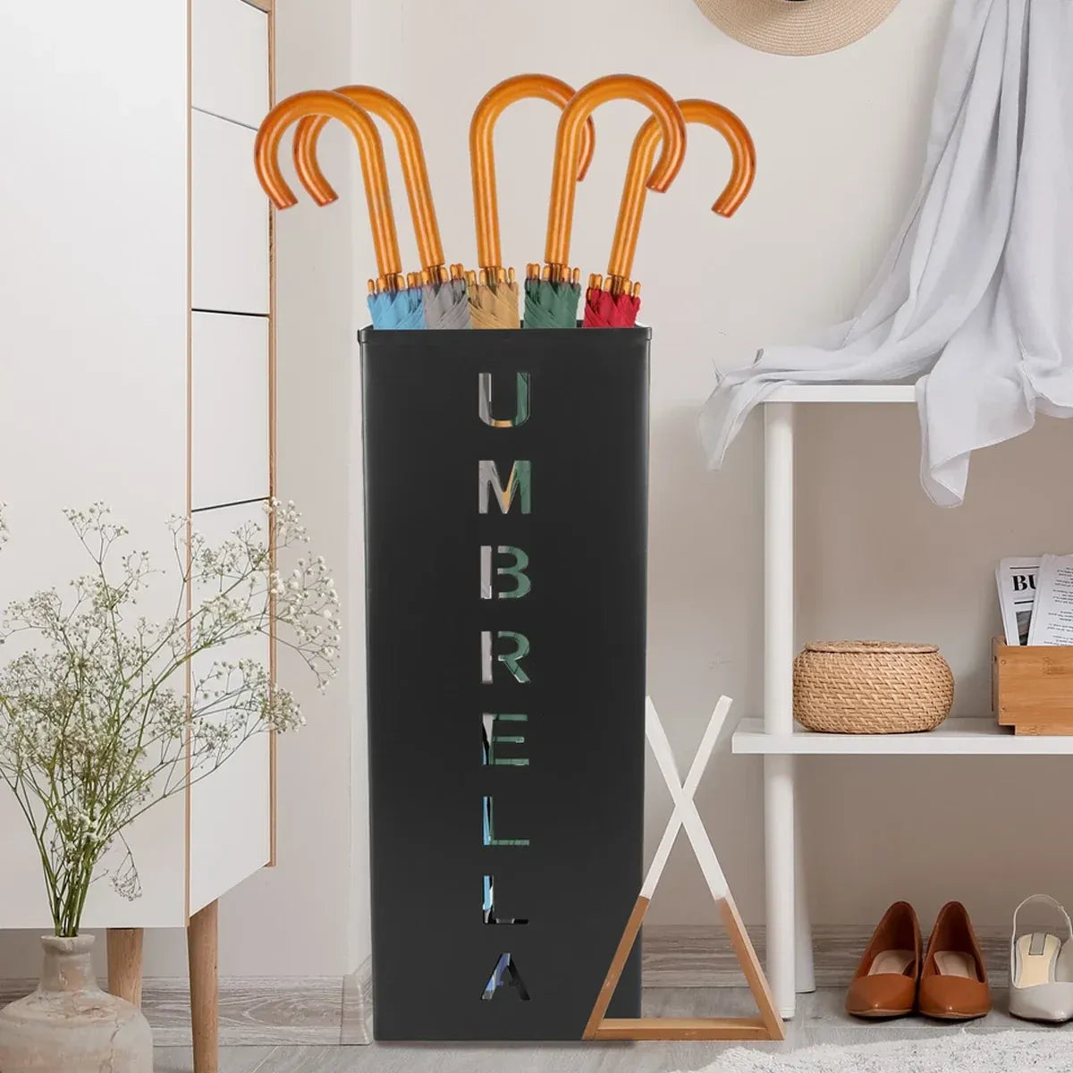 Umbrella Bucket Storage Cylinder Square Storing Umbrellas Home Office Organizer - Black
