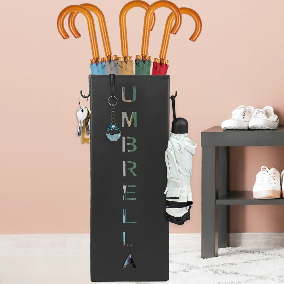 Umbrella Bucket Storage Cylinder Square Storing Umbrellas Home Office Organizer - Black