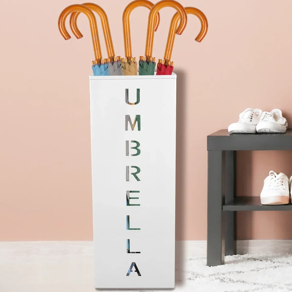 Umbrella Bucket Storage Cylinder Square Storing Umbrellas Home Office Organizer - White