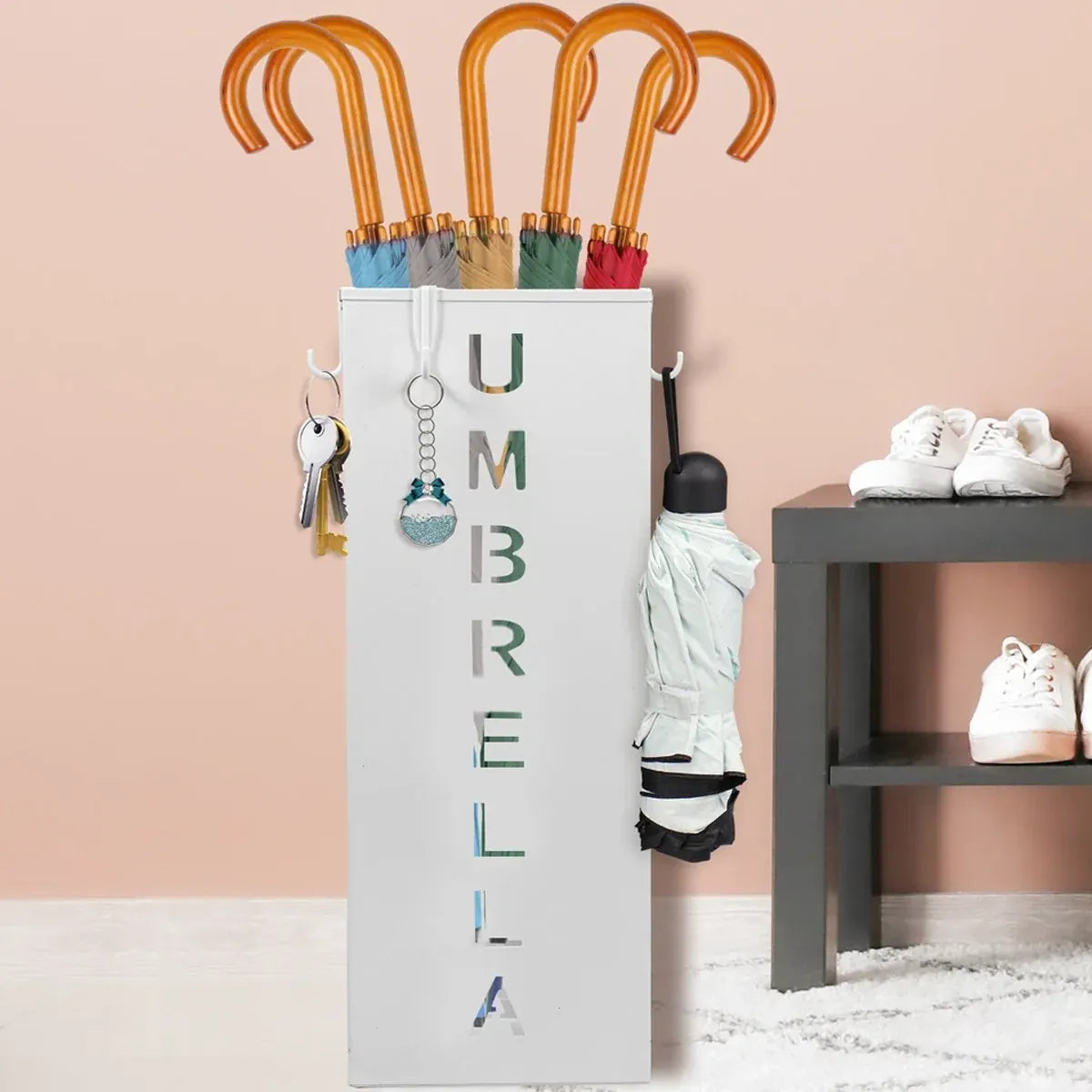 Umbrella Bucket Storage Cylinder Square Storing Umbrellas Home Office Organizer - White