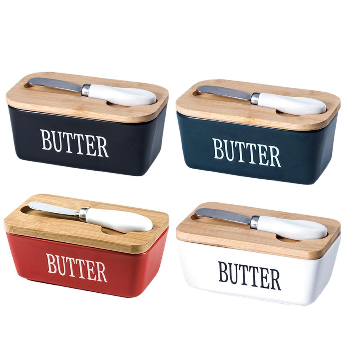 Food Storage: Butter Box with Knife Rectangular Cheese Container with Wooden Lid for Kitchen - Black