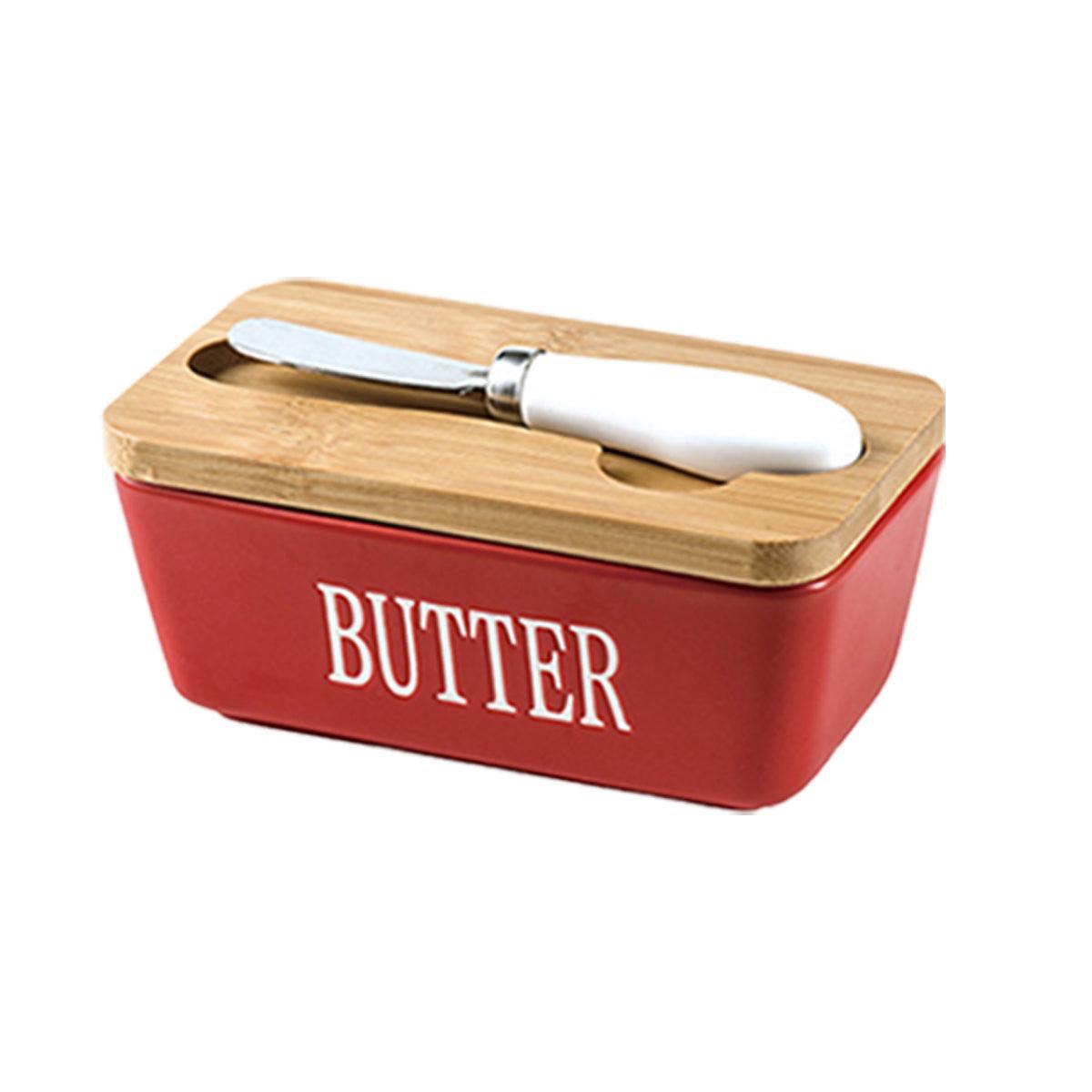 Food Storage: Butter Box with Knife Rectangular Cheese Container with Wooden Lid for Kitchen - Black