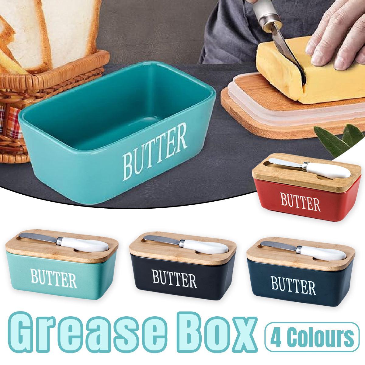 Butter Box with Knife Rectangular Cheese Container with Wooden Lid for Kitchen - Red