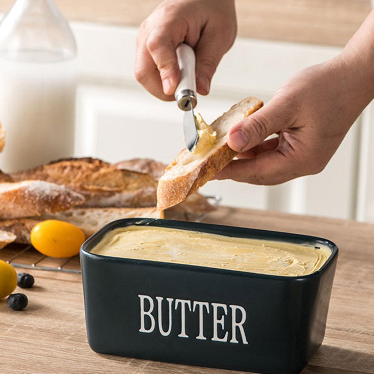 Butter Box with Knife Rectangular Cheese Container with Wooden Lid for Kitchen - Red