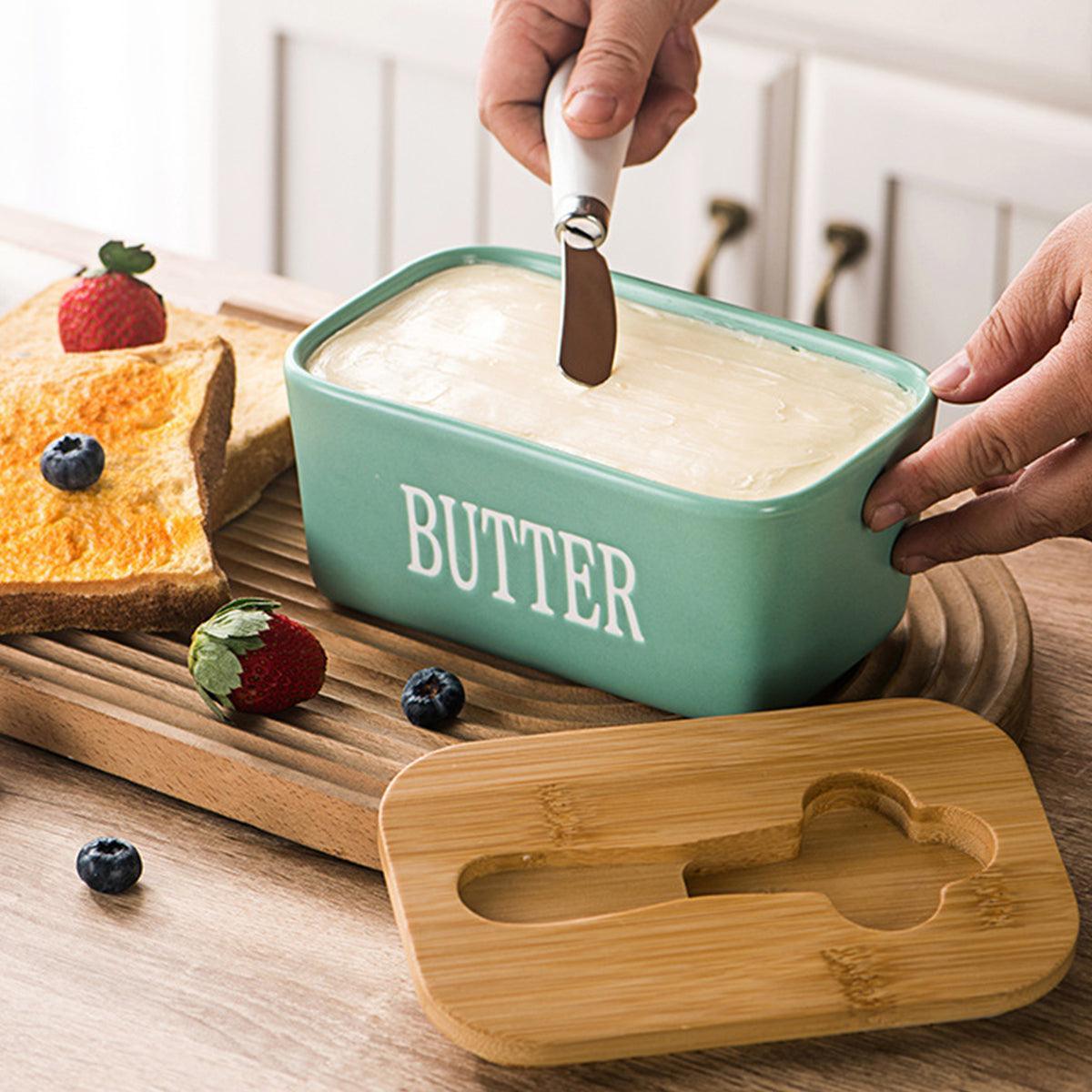 Butter Box with Knife Rectangular Cheese Container with Wooden Lid for Kitchen - Red