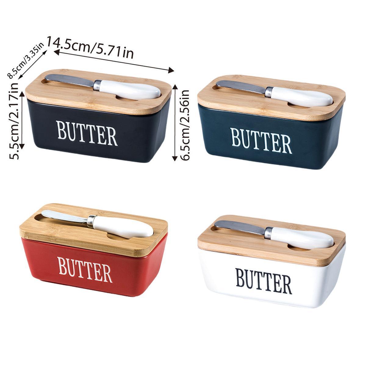 Food Storage: Butter Box with Knife Rectangular Cheese Container with Wooden Lid for Kitchen - Blue