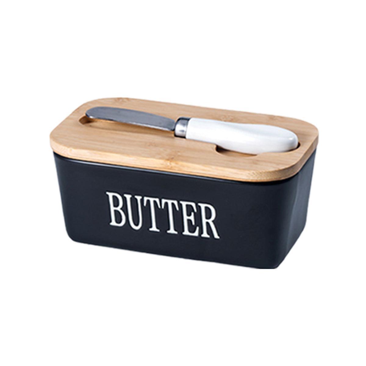 Food Storage: Butter Box with Knife Rectangular Cheese Container with Wooden Lid for Kitchen - Blue