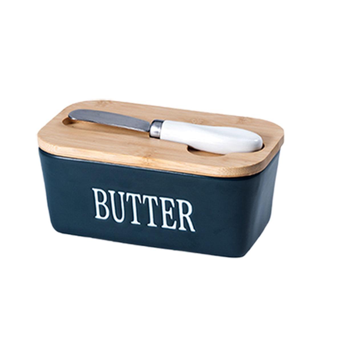 Food Storage: Butter Box with Knife Rectangular Cheese Container with Wooden Lid for Kitchen - Blue
