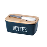 Food Storage: Butter Box with Knife Rectangular Cheese Container with Wooden Lid for Kitchen - Blue