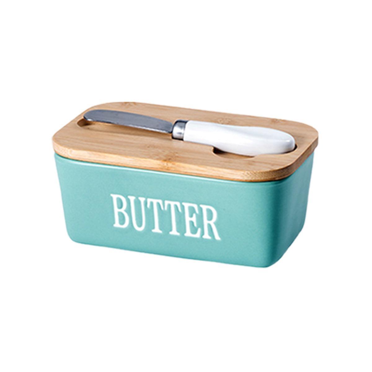 Food Storage: Butter Box with Knife Rectangular Cheese Container with Wooden Lid for Kitchen - Blue
