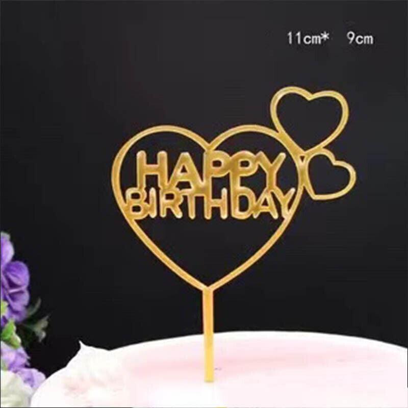Party Supplies: Happy Birthday Acrylic Cake Topper Cake Decoration Golden Silver Party - Blue- Heart